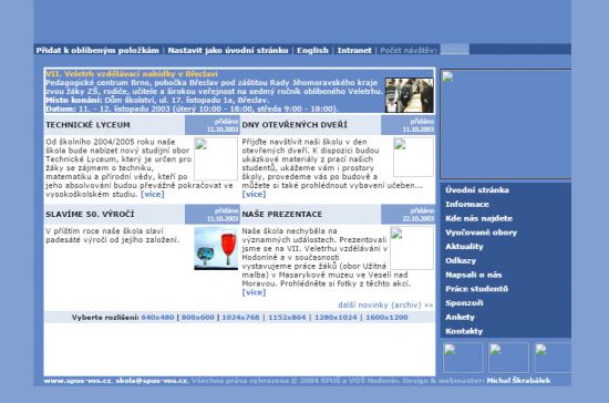 Školní web v letech 2003 - 2005