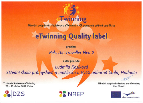 potvrzení národního podpůrného střediska pro eTwinning o udělení ocenění Quality Label (Certifikátu kvality)